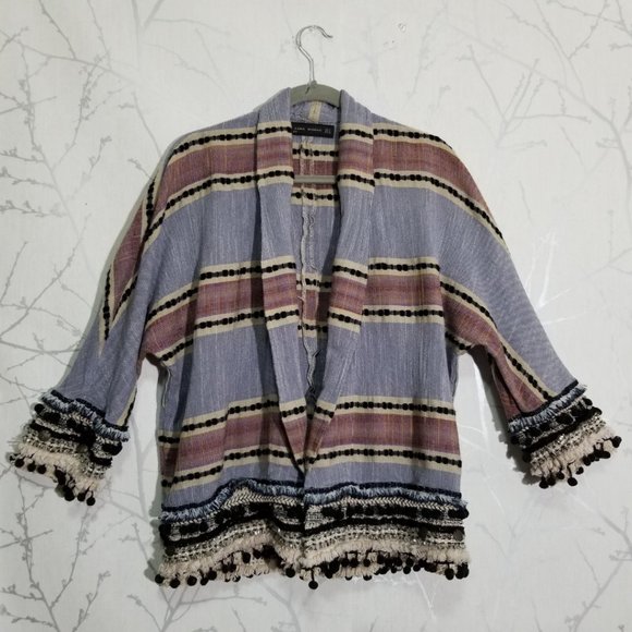 Zara Blue Striped Open Boho Kimono Cardigan w/ Pom Poms - Picture 2 of 5